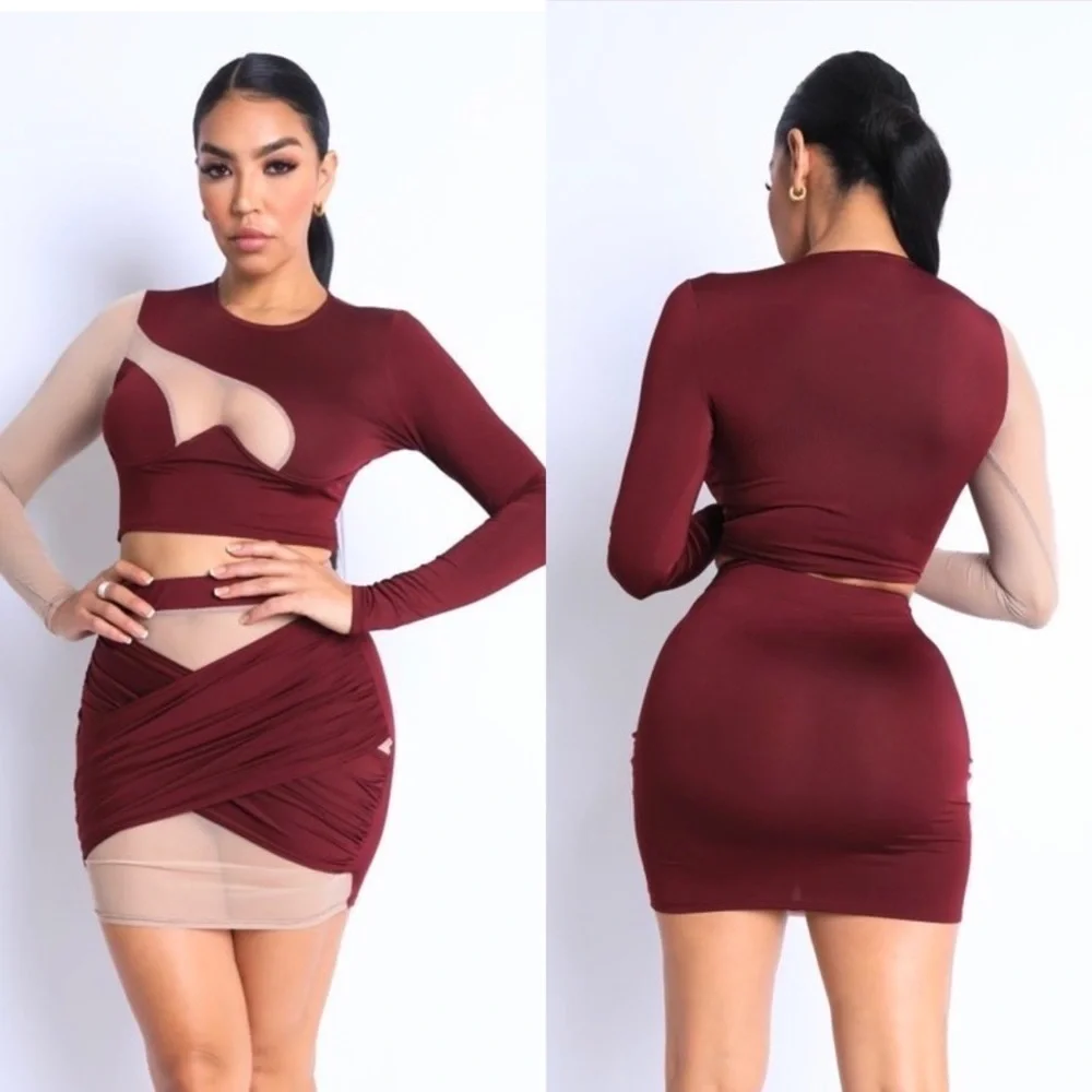 NEW TRENDY LONG SLEEVE WIRE BRA CROP TOP AND MIDI MESH BODYCON SKIRT SET